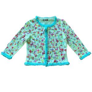Michael Simon New York Tulle Ribbon Confetti Sweater Turquoise Size Small